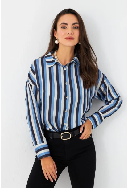 Kadın Ekru-İndigo Desenli Saten Gömlek MSHR500