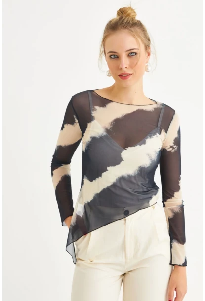 Kadın Ekru-İndigo Desenli Tül Bluz RSP1740