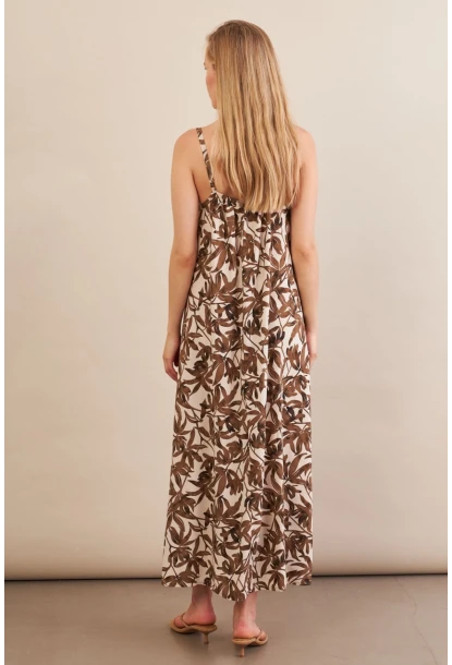 Kadın Ekru-Kahve Boyun Bağlamalı Midi Elbise AN6005