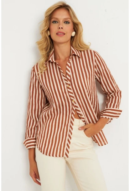 Kadın Ekru-Kahve Çizgili Gömlek KED709