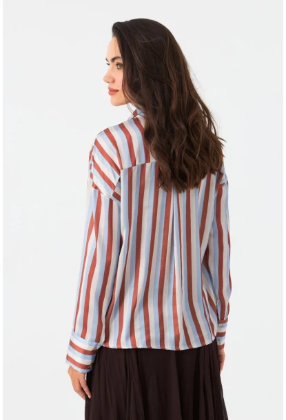 Kadın Ekru-Kahve Çizgili Saten Gömlek SHR9