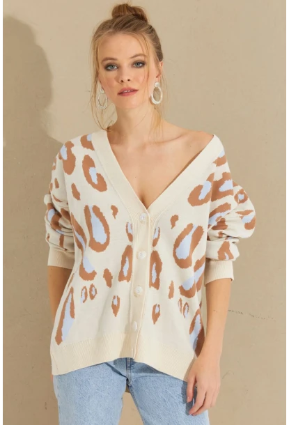 Kadın Ekru-Kahve Desenli Düğmeli Hırka KZ2495