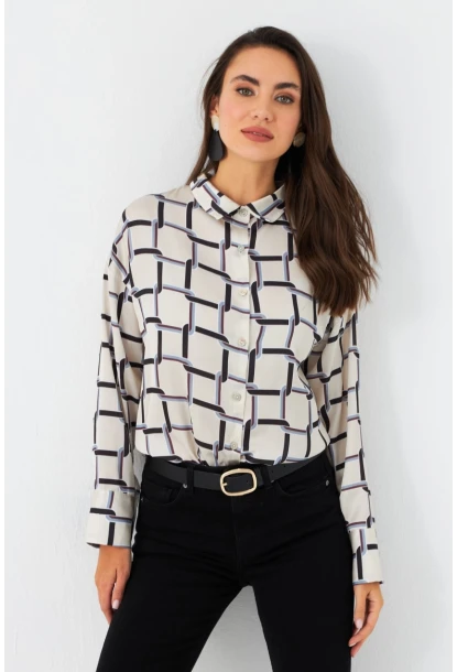 Kadın Ekru-Kahve Desenli Saten Gömlek MSHR500