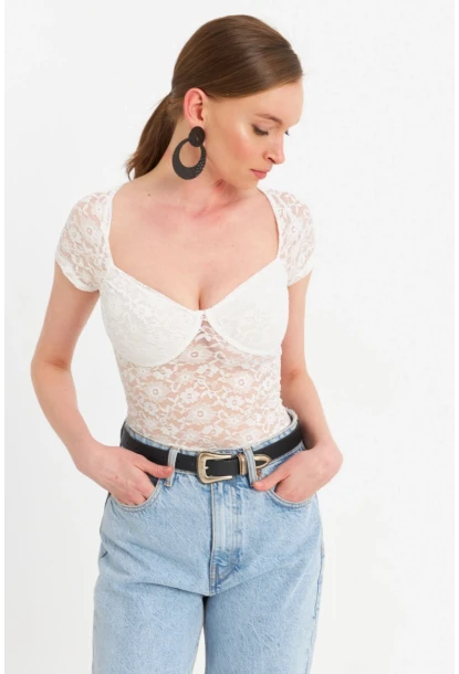 Kadın Ekru Kalp Yaka Tül Crop Bluz TPG05