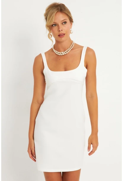 Kadın Ekru Kare Yaka Mini Elbise KED4291