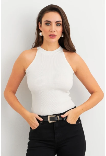 Kadın Ekru Kaşkorse Kolsuz Bluz TF46