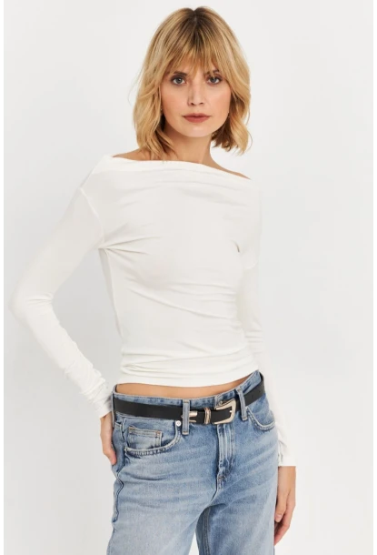 Kadın Ekru Kayık Yaka Bluz LPP1254