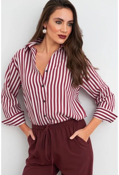 Kadın Ekru-Kiremit Çizgili Salaş Gömlek ELA6932