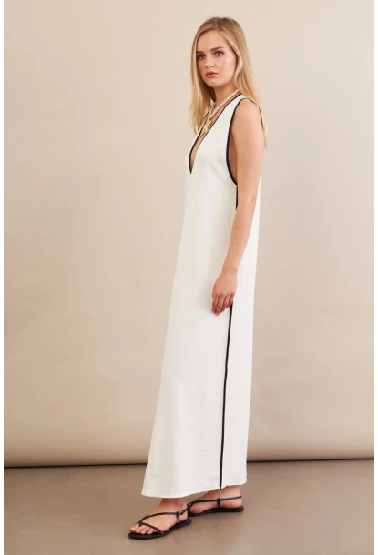 Kadın Ekru Kontrast Çizgili Maxi Keten Elbise MSİ101