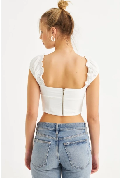 Kadın Ekru Kuş Gözlü Crop Bluz YEL221128