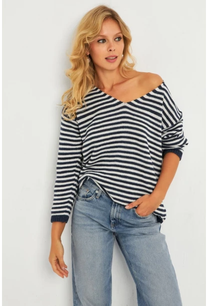 Kadın Ekru-Lacivert V Yaka Triko Salaş Bluz YV283