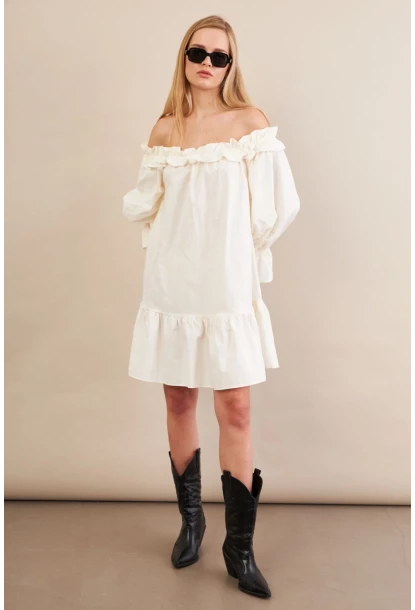 Kadın Ekru Madonna Yaka Midi Elbise PSG1012