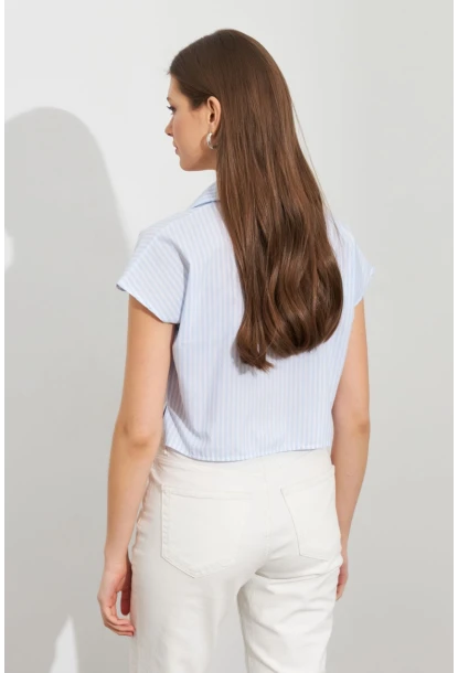 Kadın Ekru-Mavi Çizgili Bağlamalı Crop Gömlek MPC306