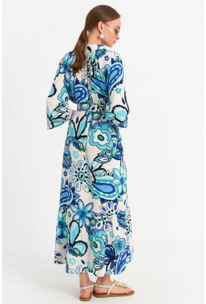 Kadın Ekru-Mavi Desenli Kemerli Midi Gömlek Elbise MSH3051