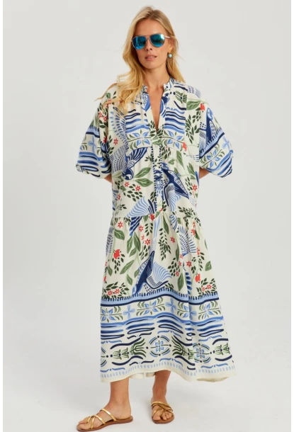 Kadın Ekru-Mavi Desenli Salaş Maxi Elbise GÇ166