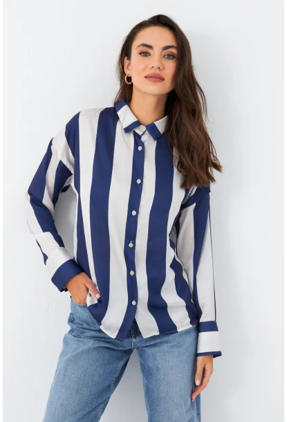 Kadın Ekru-Mavi Desenli Saten Gömlek MSHR500