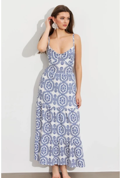Kadın Ekru-Mavi Sırt Dekolteli Desenli Maxi Elbise LİT110