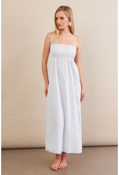 Kadın Ekru-Mavi Straplez çizgili Plaj Elbisesi OR502