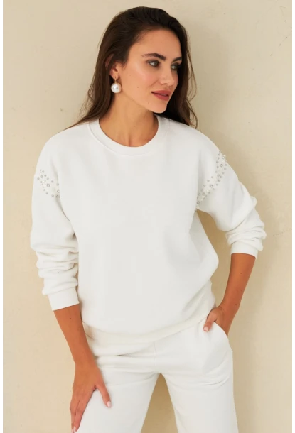 Kadın Ekru Omuzları İnci Detaylı Sweatshirt DY1424