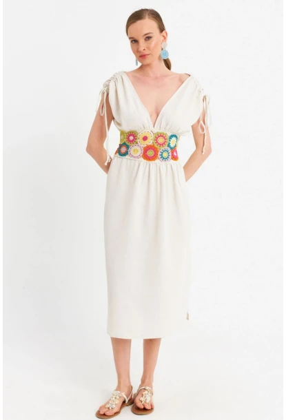 Kadın Ekru Ön Arka V Nakışlı Midi Elbise ELT180