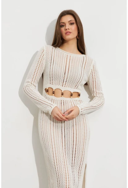 Kadın Ekru Önü Pencereli Ajurlu Plaj Elbisesi KZ545