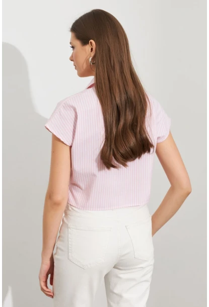 Kadın Ekru-Pembe Çizgili Bağlamalı Crop Gömlek MPC306
