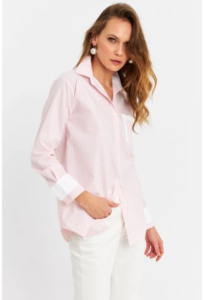 Kadın Ekru-Pembe Çizgili Gömlek MPC6041