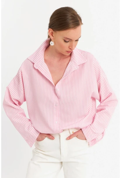 Kadın Ekru-Pembe Çizgili Gömlek ZER425