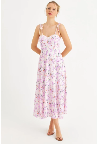 Kadın Ekru-Pembe İp Askılı Çiçekli Midi Elbise ERL10013