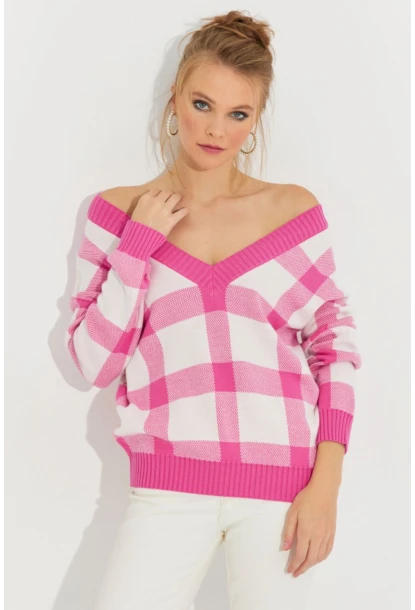 Kadın Ekru-Pembe V Yaka Ekose Triko Kazak TH1102
