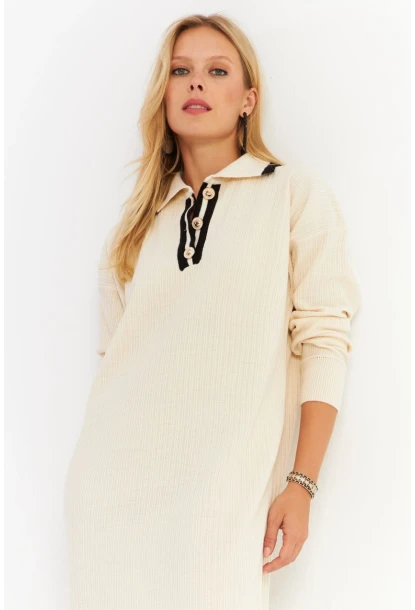 Kadın Ekru Polo Yaka Triko Maxi Elbise MNUV17