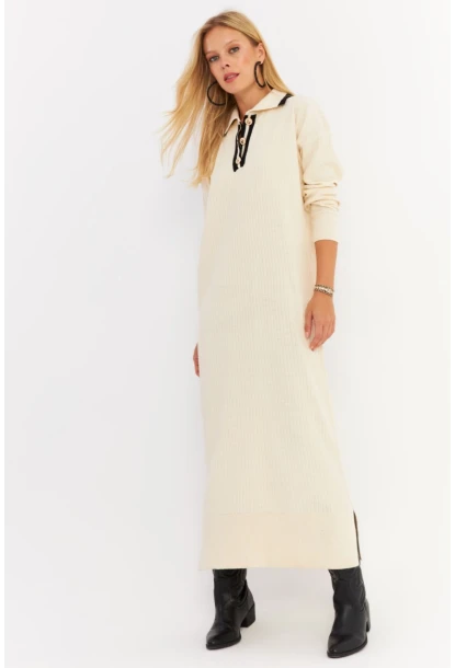 Kadın Ekru Polo Yaka Triko Maxi Elbise MNUV17