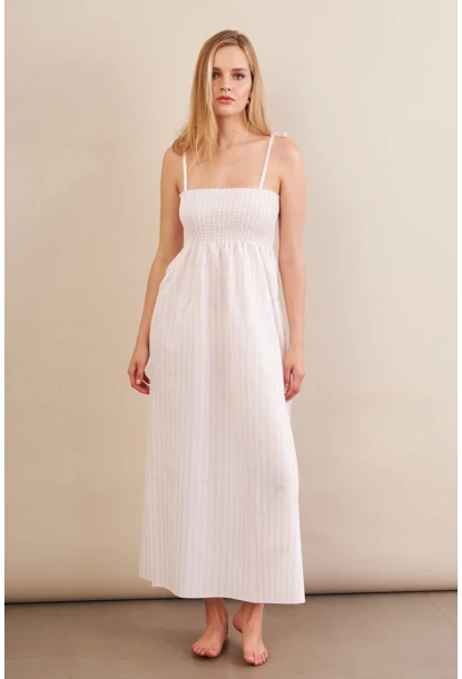 Kadın Ekru-Pudra Straplez Çizgili Plaj Elbisesi OR502