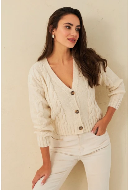 Kadın Ekru Saç Örgülü Hırka YV295