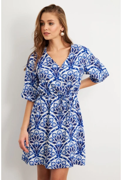 Kadın Ekru-Saks Desenli Mini Elbise Q1006