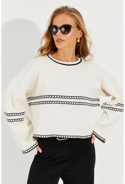 Kadın Ekru Salaş Triko Kısa Kazak YZ518