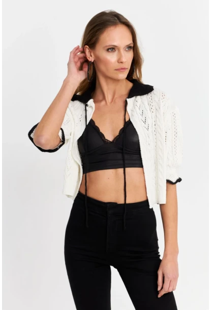 Kadın Ekru-Siyah Ajurlu Triko Hırka YV307