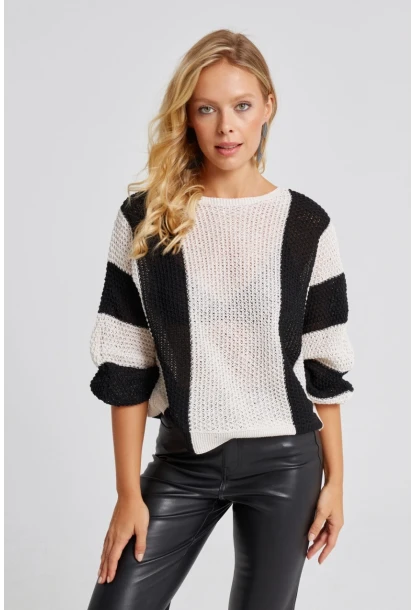 Kadın Ekru-Siyah Ajurlu Triko Kazak YV218