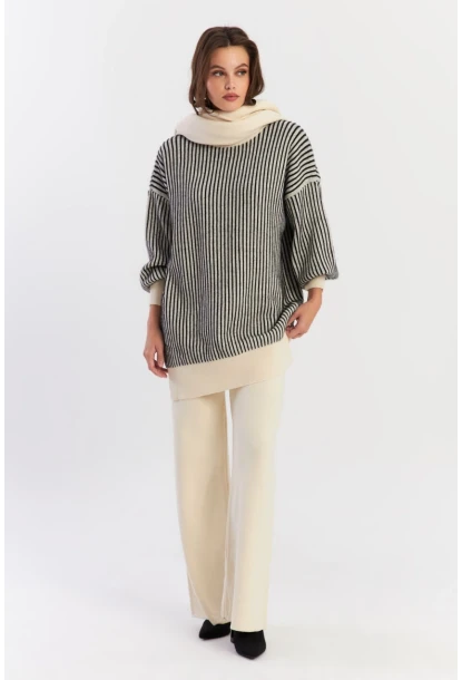 Kadın Ekru-Siyah Alt Üst Pantalon Triko Takım NUV35