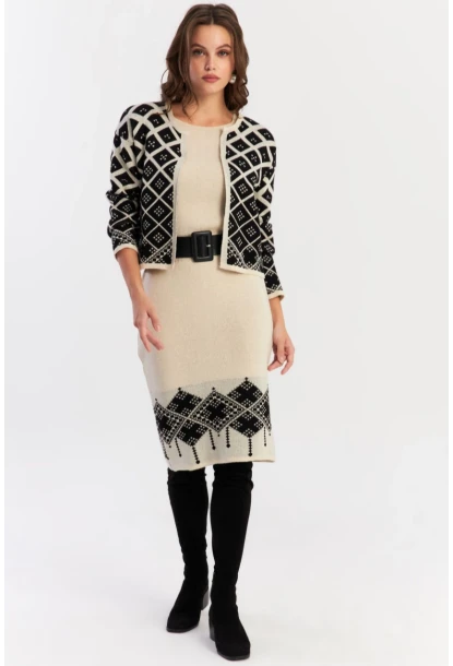 Kadın Ekru-Siyah Alt Üst Triko Desenli Takım NUV2028