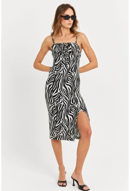 Kadın Ekru-Siyah Askılı Bürümcük Midi Elbise KAB302