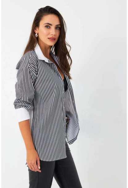 Kadın Ekru-Siyah Çizgili Kontrast Gömlek ELT156