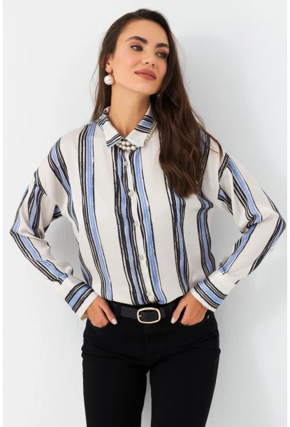 Kadın Ekru-Siyah Desenli Saten Gömlek MSHR500