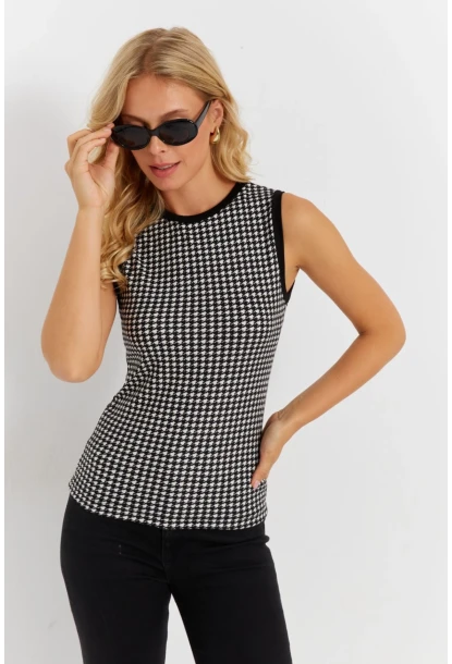 Kadın Ekru-Siyah Kazayağı Bluz EY2869