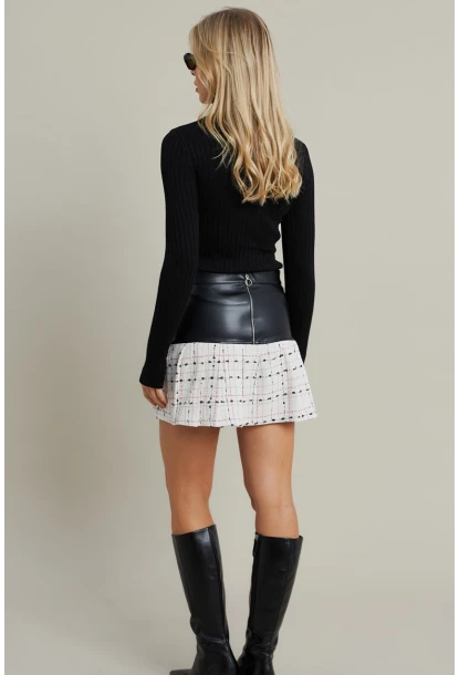 Kadın Ekru-Siyah Kazayağı Suni Deri Mini Etek NH93