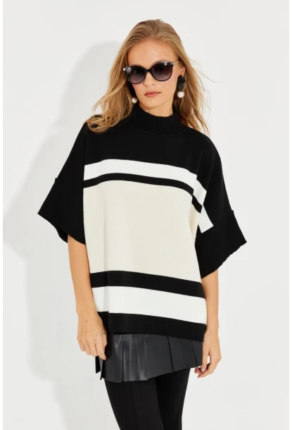 Kadın Ekru-Siyah Panço Kazak SF2513