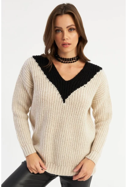 Kadın Ekru-Siyah V Yaka Triko Kazak SMT2434