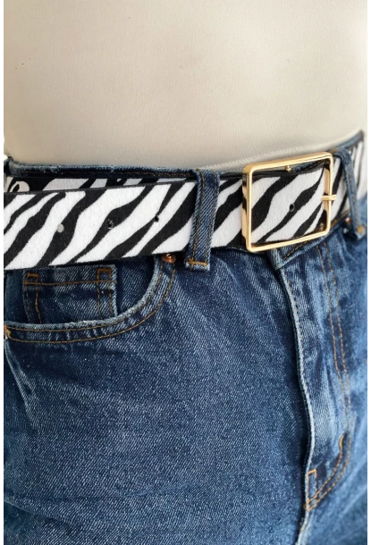 Kadın Ekru-Siyah Zebra Desen Kemer BE610