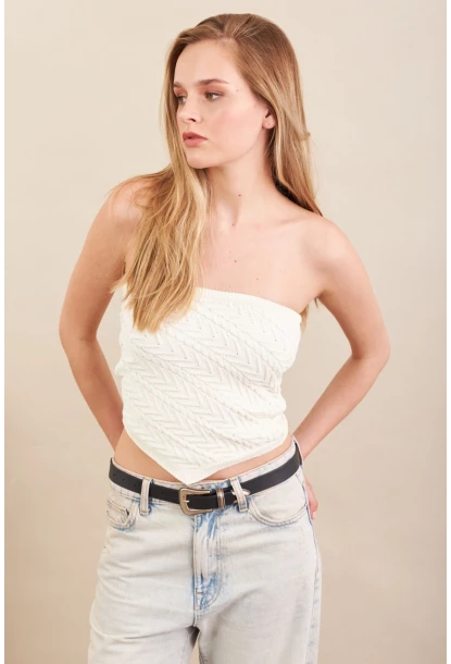 Kadın Ekru Straplez Triko Crop Bluz ZH049