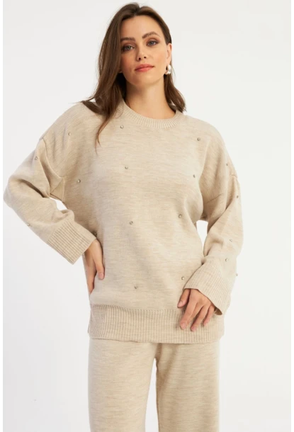 Kadın Ekru Taşlı Alt Üst Takım MYİL10